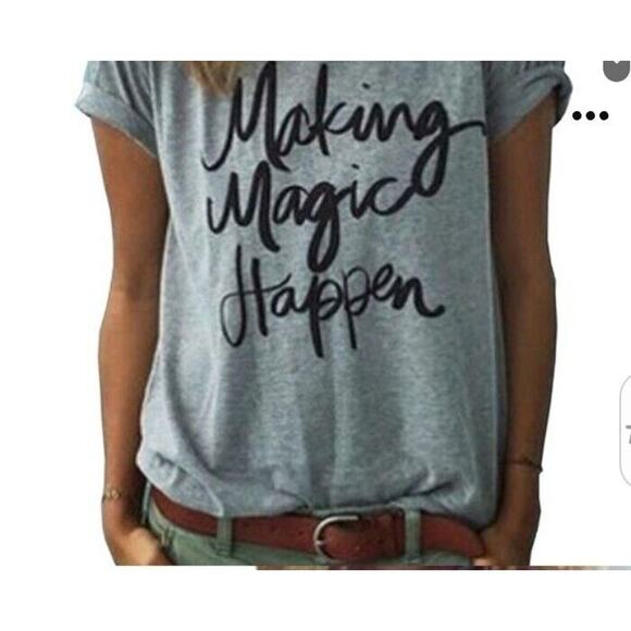 Revolve Making Magic Happen T-shirt Sz L GRAY Cursive Letters Preppy Boho Casual - Picture 5 of 13